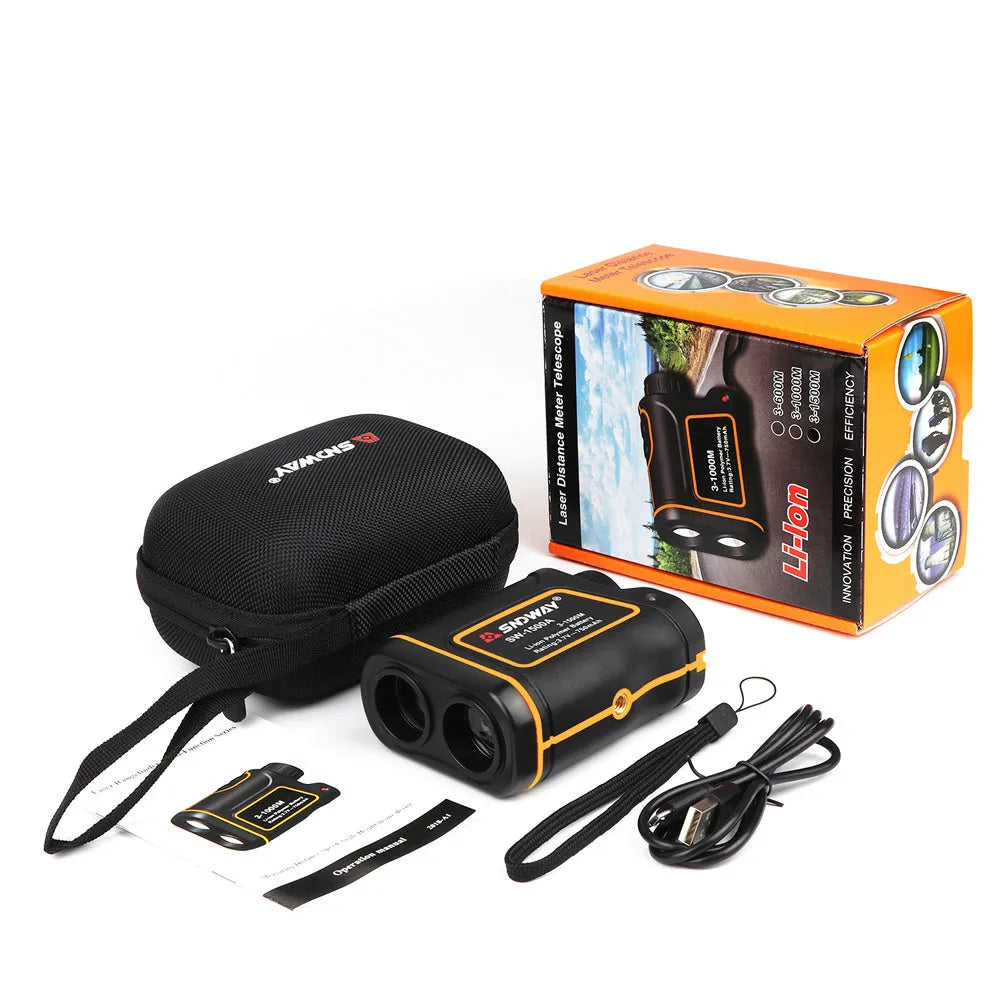 Outdoor handheld golf rangefinder showing compact black design with display screen and measurement buttons