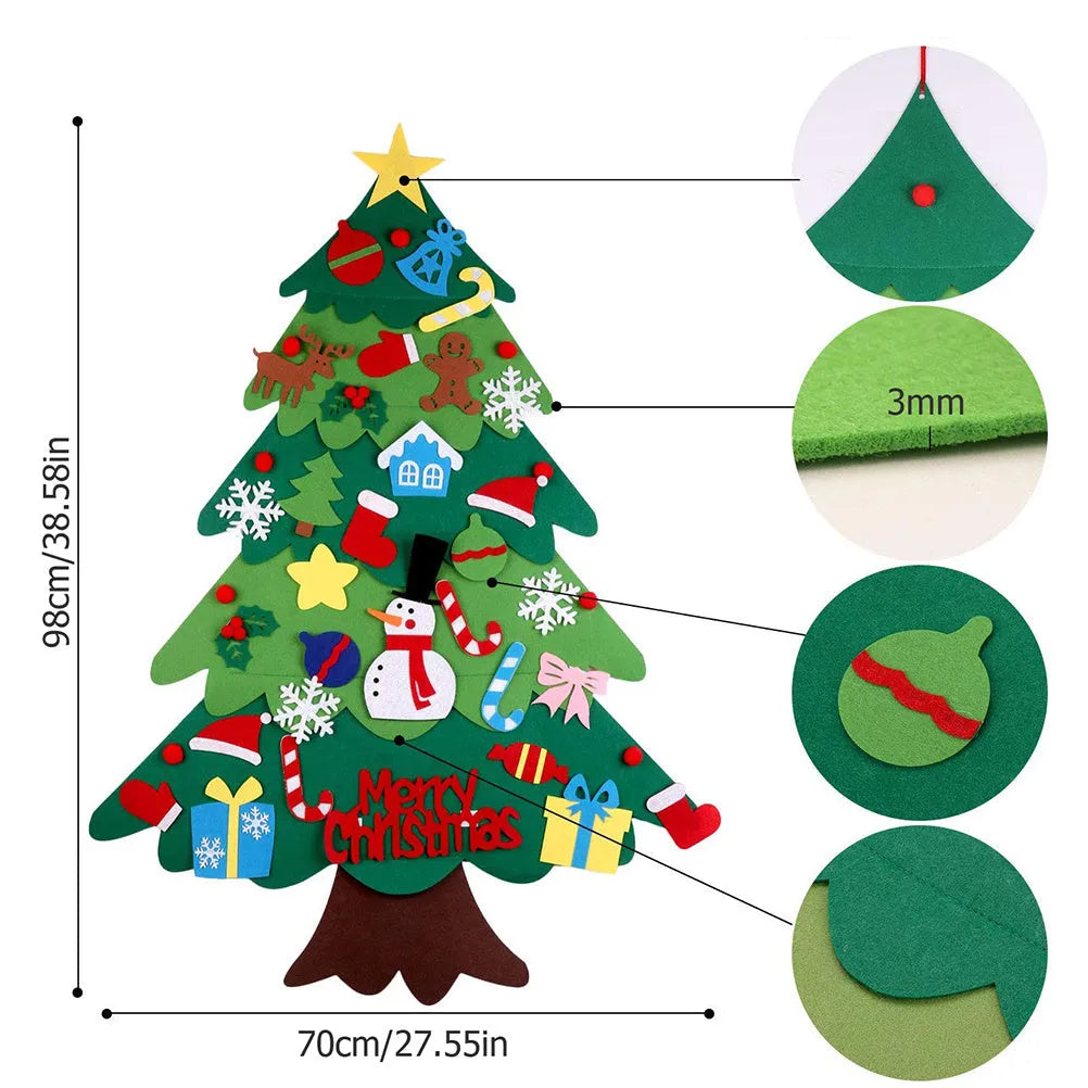 Green DIY felt Christmas tree with fairy lights and ornaments on a white wall with decorations attached