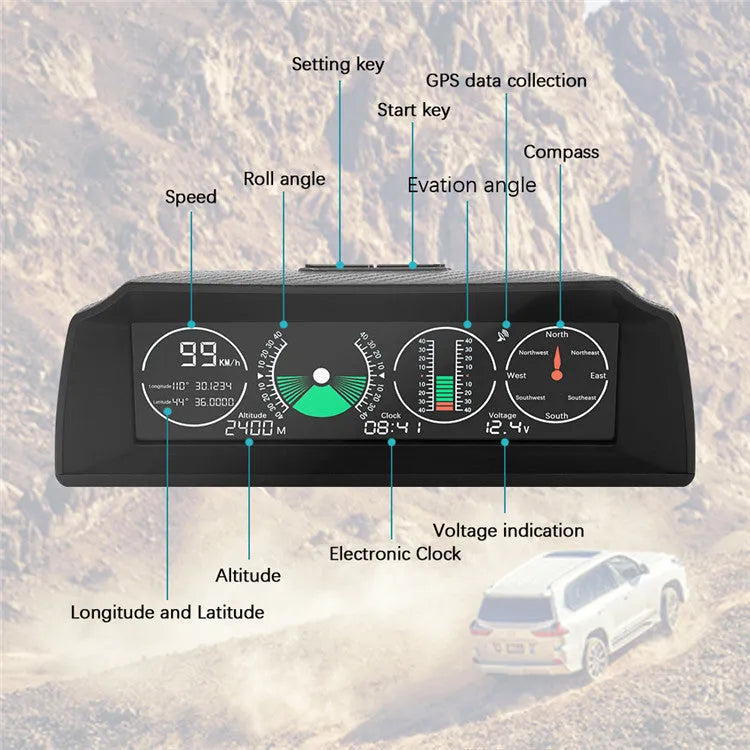 GPS GO 2 universal car head-up display with carbon fibre body on a dashboard showing speed and gradient data.