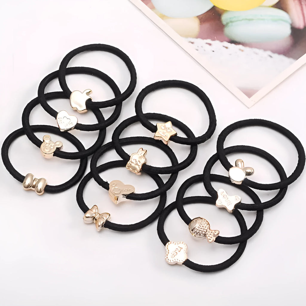 Korean style high elastic hair rings with gold bead plating, mixed colours, 50 pieces bulk pack
