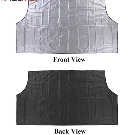 Magnetic car windscreen snow cover in black with silver back, 210x120cm size, six magnets visible