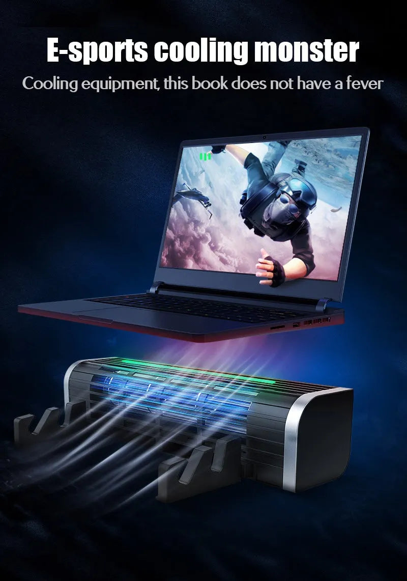 Black notebook cooler with wide aluminium plate and integrated support stand.
