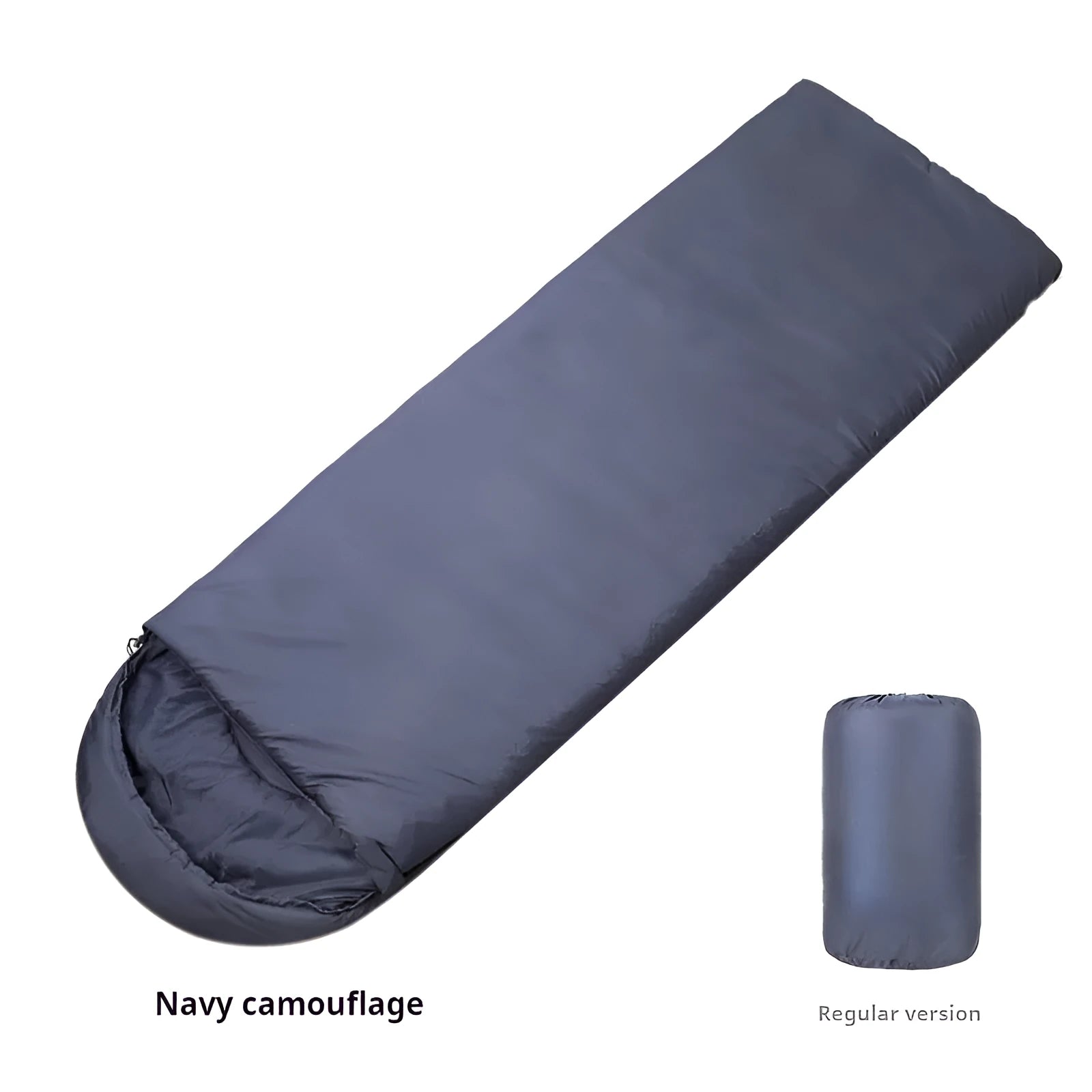 Navy blue rectangular envelope sleeping bag for adult winter camping on a neutral background.