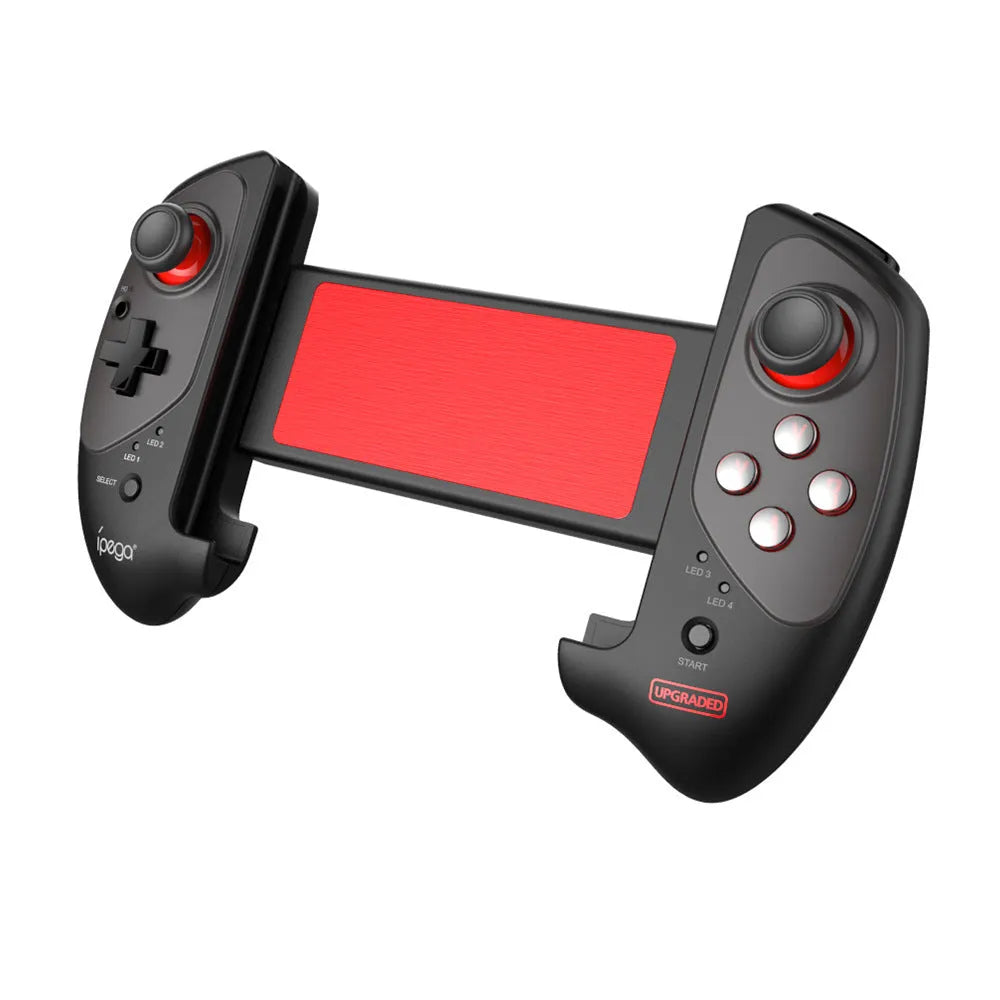 Red telescopic Bluetooth gamepad extended around smartphone with USB cable for PC connectivity