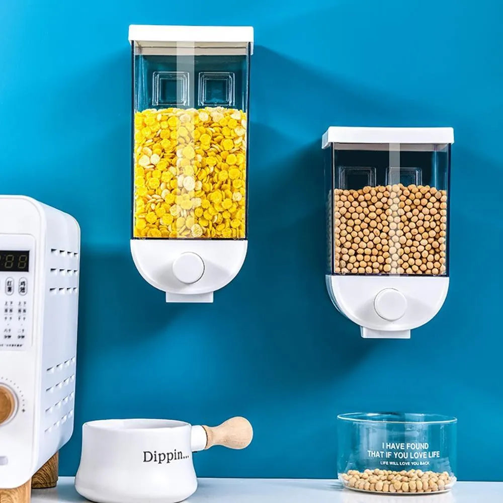 White transparent kitchen food storage box with easy press cereal dispenser lid.