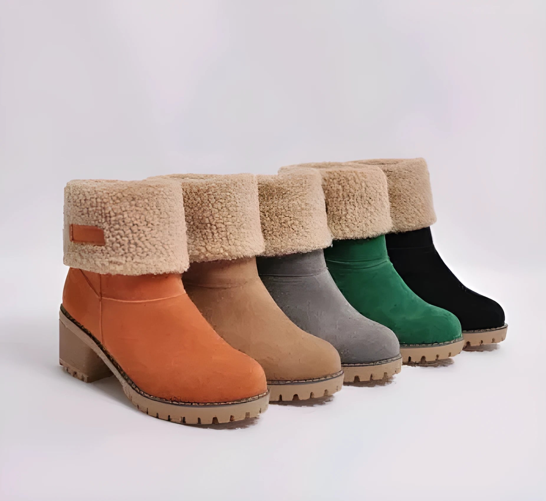 Women's suede mid-tube snow boots with a thick heel and round toe in various colours.