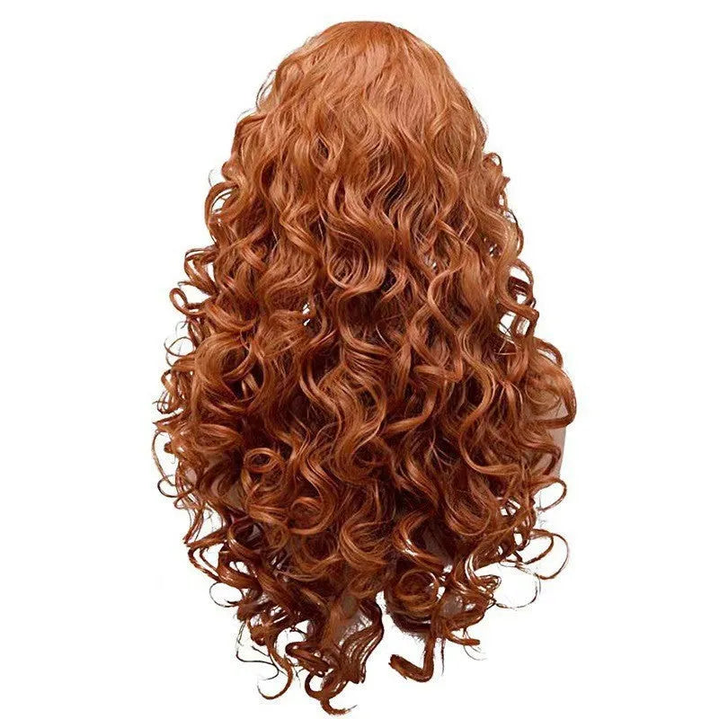 Brown long wavy curly wig on wig head cover for Halloween cosplay