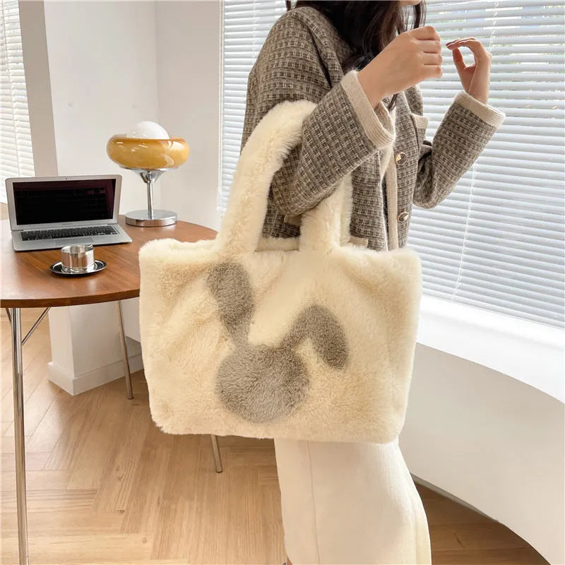 Women's plush rabbit ears tote bag with large shopping capacity in solid colour