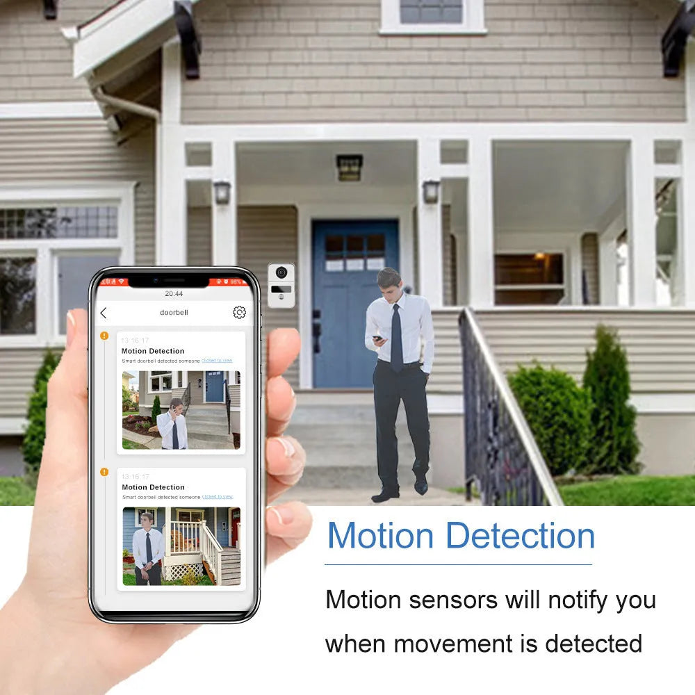 1080P wireless video intercom doorbell system with outdoor camera and indoor monitor on a 10-inch display.