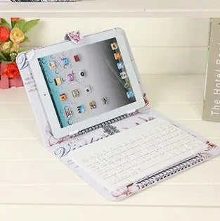 Wireless Bluetooth keyboard case in multiple colours, showing tablet in holster with detachable keyboard.