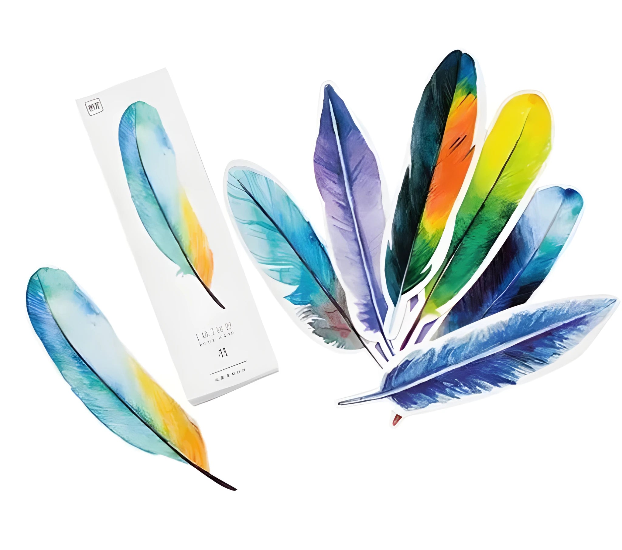 Creative paper feather bookmark 30 piece set, 4.5 x 15.5cm, multi colour, on a white background.