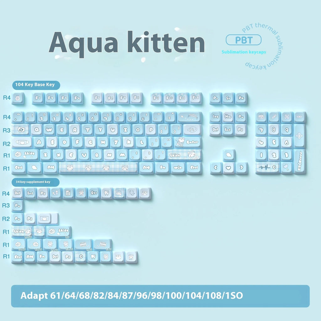 Watercolor kitten design custom mechanical keyboard keycaps with PTB construction and sublimation printing