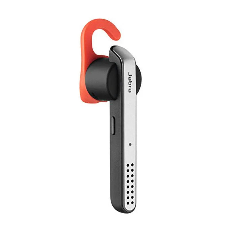 Behind-the-ear Bluetooth earphones showing black and silvery colour options with dual-phone connectivity features