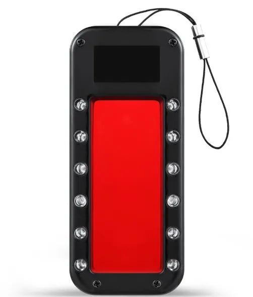 Small red reverse camera detector unit with a scanner window for detecting hidden surveillance lenses.