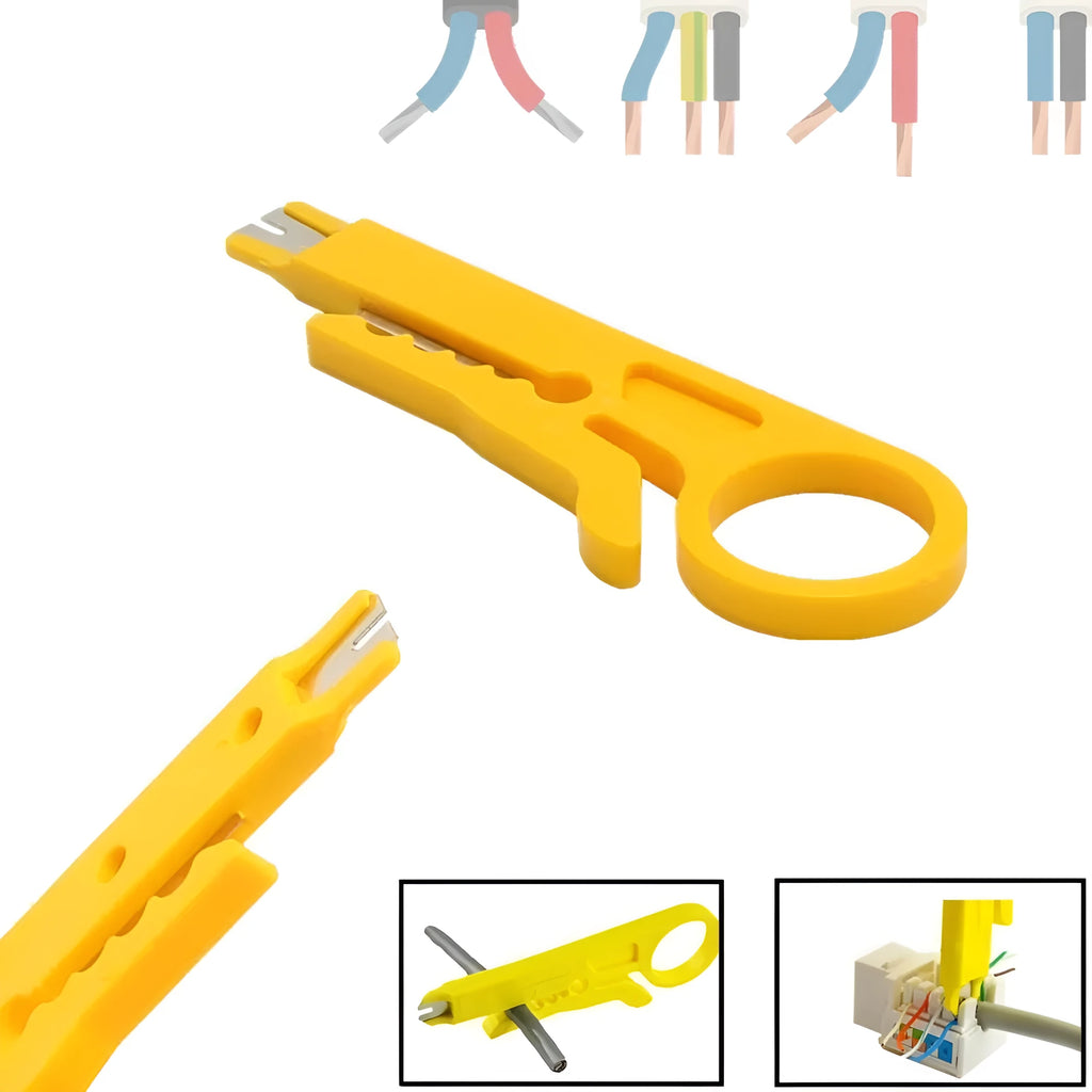 Yellow portable wire stripper tool for 0.6 mm cables with integrated metal cutter.