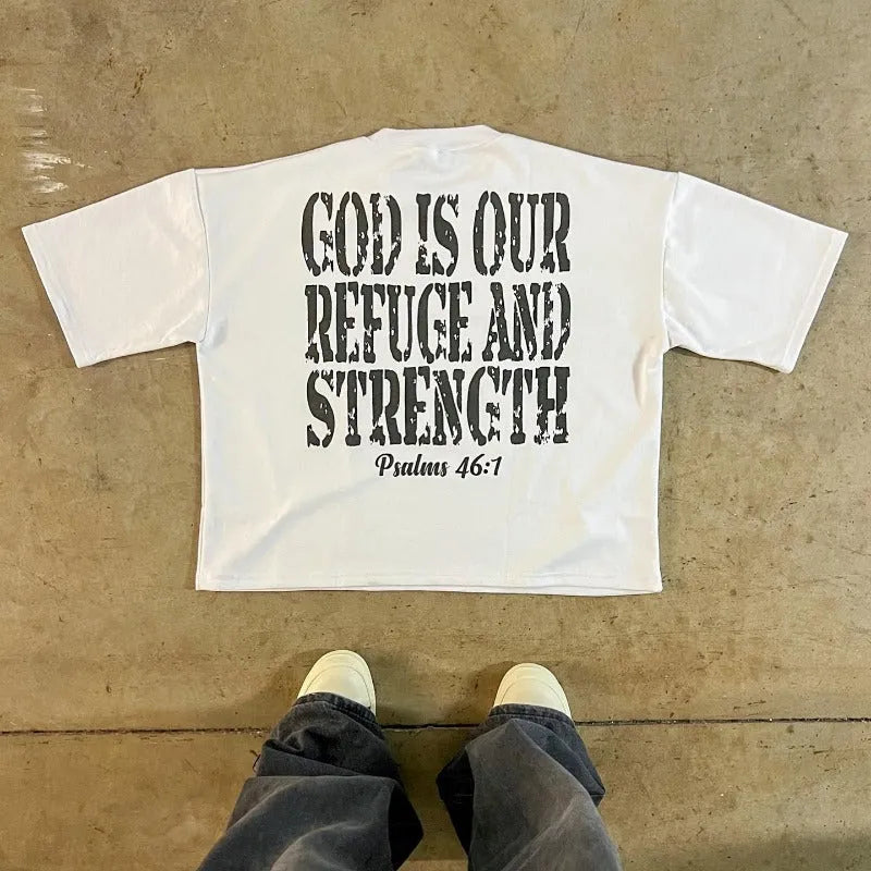 A printed short sleeve cotton t-shirt with drop shoulders in a retro street style.