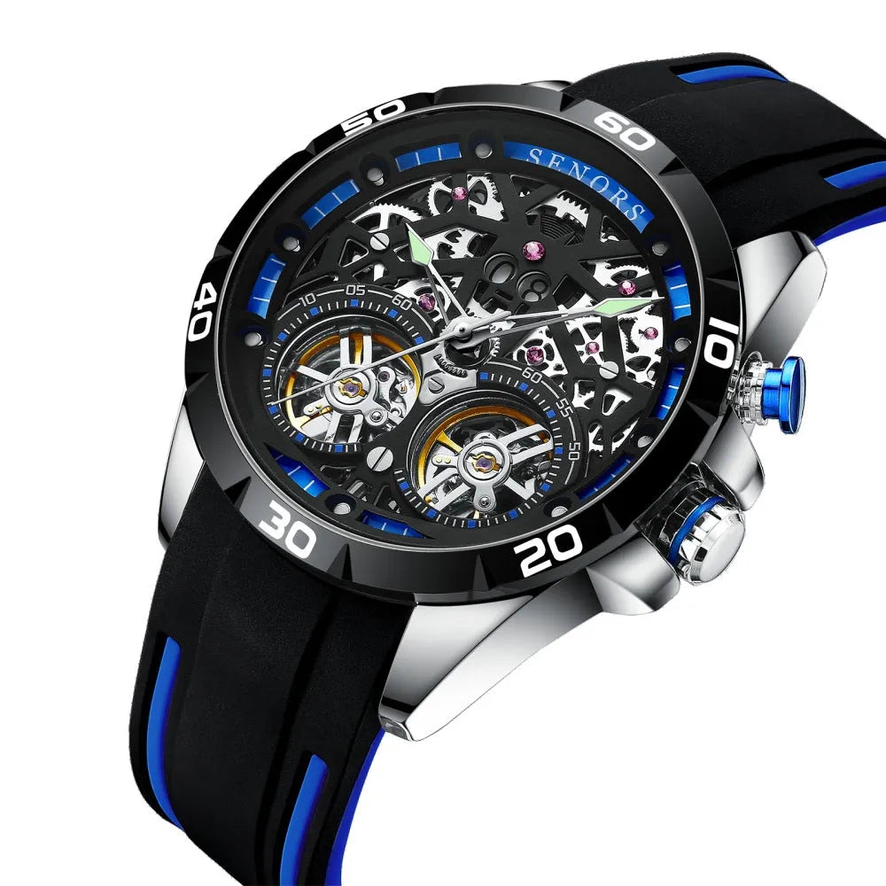 Automatic mechanical men's watch with luminous hands and hollow skeleton dial in blue or red.