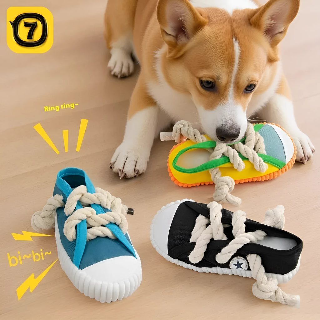 Plastic squeaky slipper-shaped dog chew toy in yellow, black, or blue.