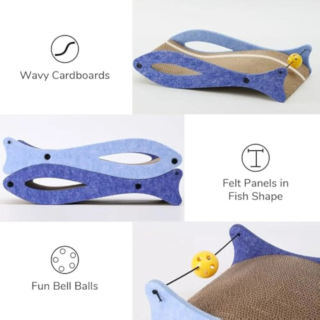 Blue fish-shaped cardboard cat scratcher lounge with a dangling bell ball toy.