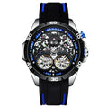Automatic mechanical men's watch with luminous hands and hollow skeleton dial in blue or red.