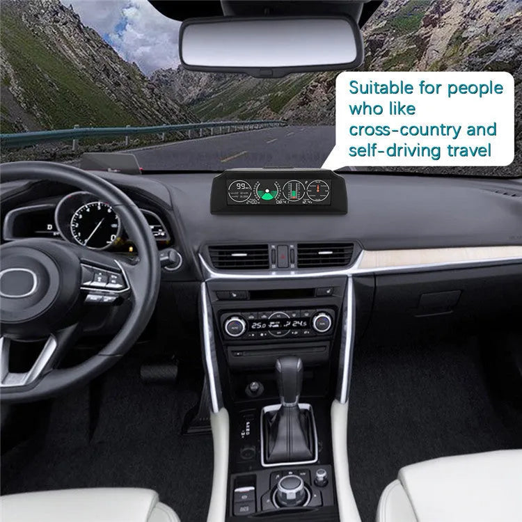 GPS GO 2 universal car head-up display with carbon fibre body on a dashboard showing speed and gradient data.