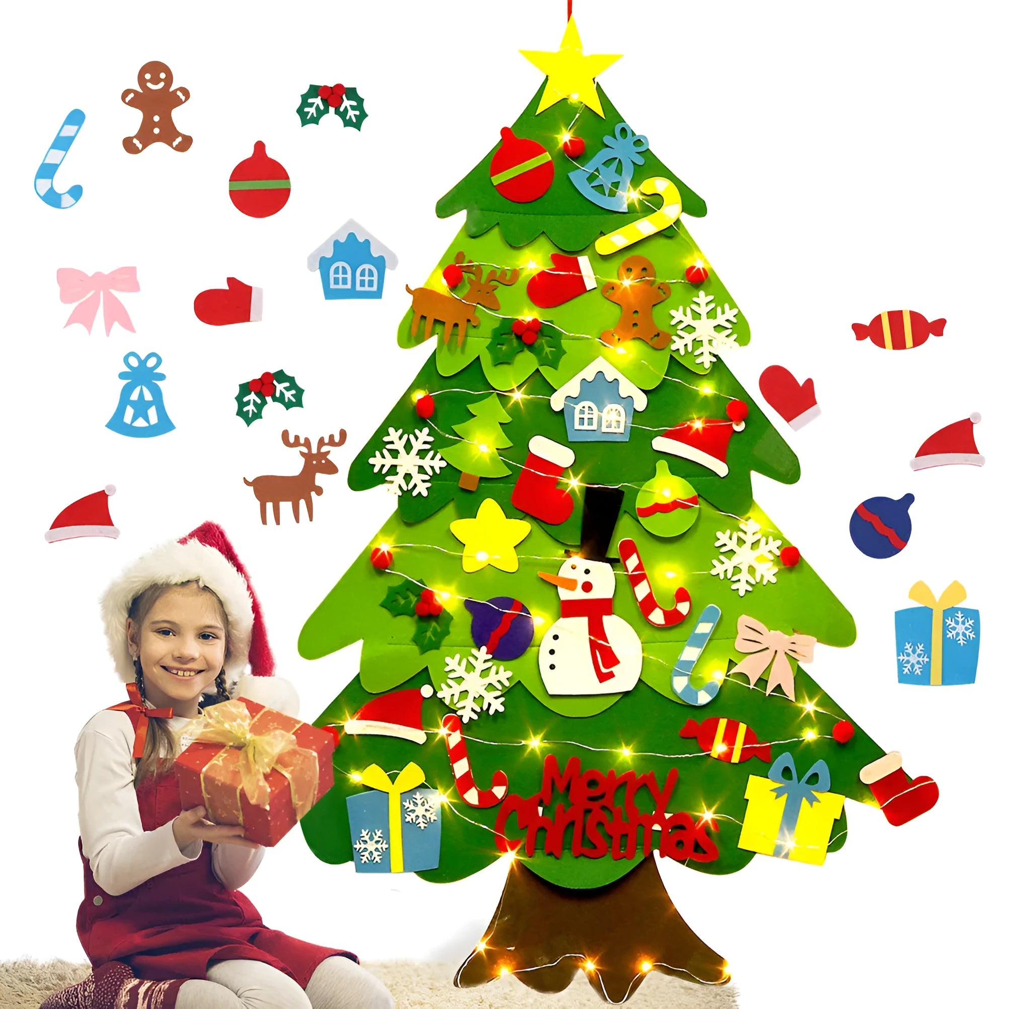 Green DIY felt Christmas tree with fairy lights and ornaments on a white wall with decorations attached