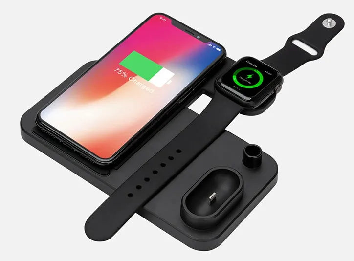 White 4-in-1 wireless charging station with phone on adjustable stand, Apple Watch, AirPods and Apple Pencil charging.