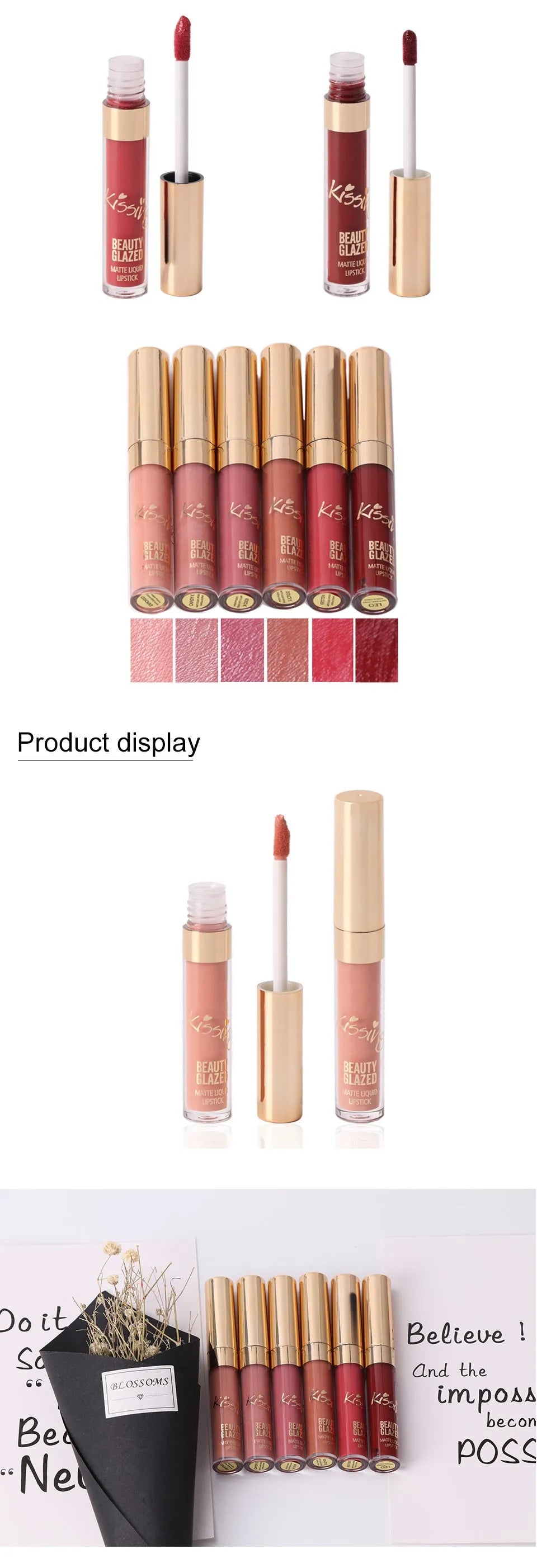 Six tubes of liquid matte lipstick in assorted shades laid out on a white background