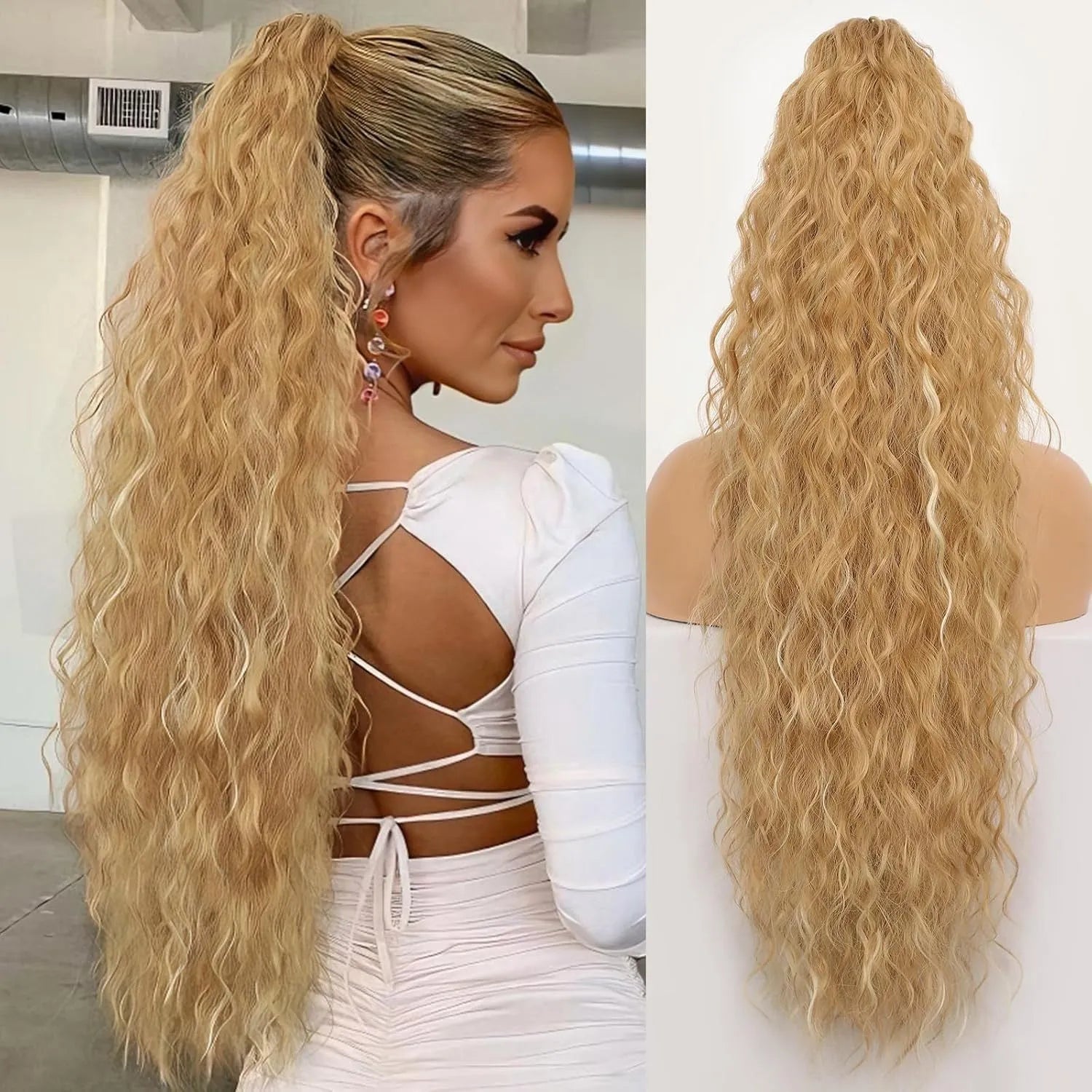 Long curly synthetic ponytail wig in high temperature fibre, 30 inches in length.
