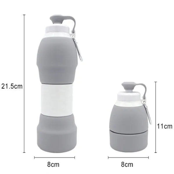 Blue silicone folding water bottle shown at full height and collapsed height next to a backpack