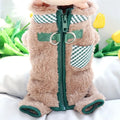 Green plush fleece dog jumpsuit coat with four legs and a back zipper, shown on a small dog.