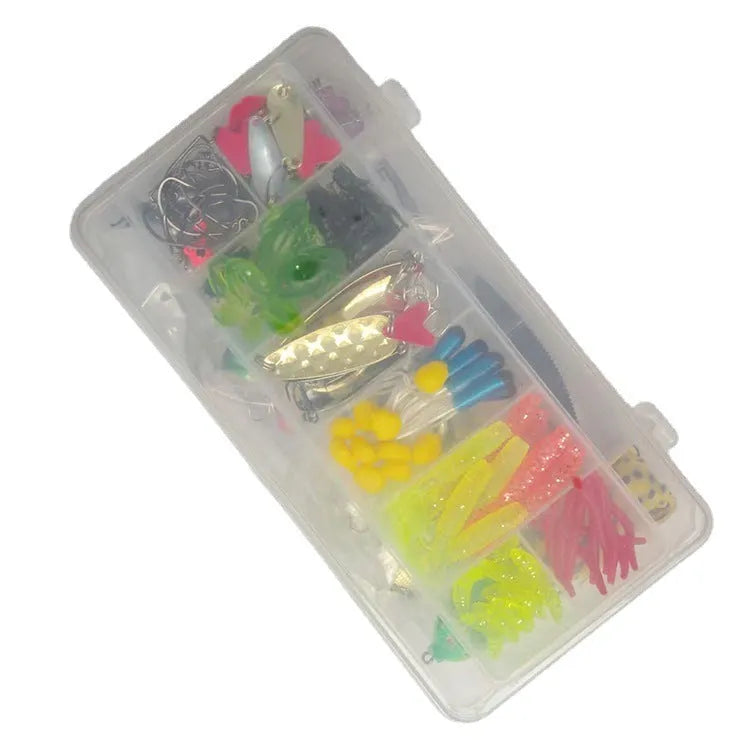 142-piece fishing lure set with metal pliers showing lures, sequins, and fishhooks