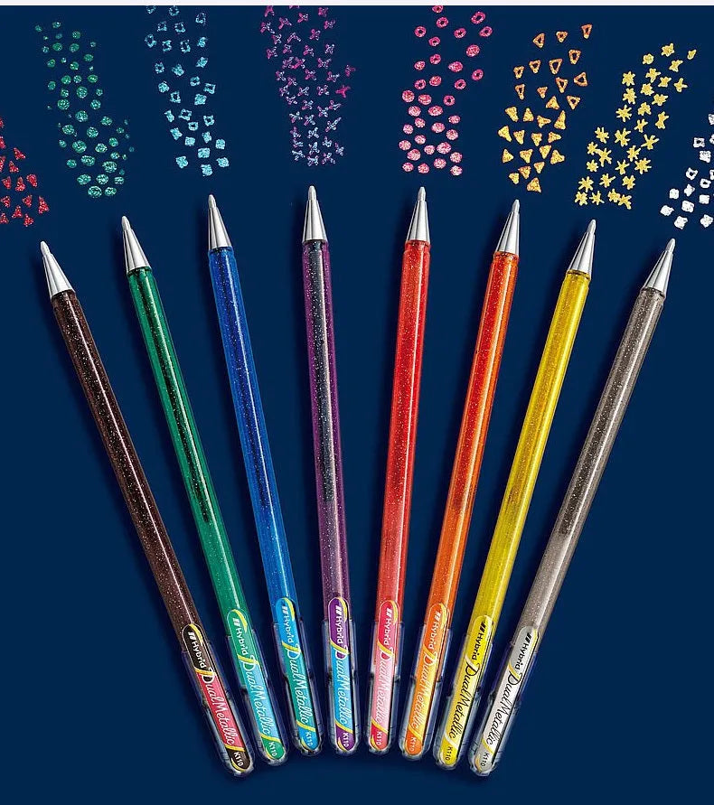 Flash 1.0mm glitter gel pen in multiple colours showing metal barrel and pearlescent ink.