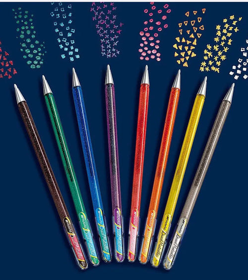 Flash 1.0mm glitter gel pen in multiple colours showing metal barrel and pearlescent ink.