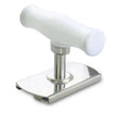 White adjustable stainless steel bottle opener with gear design and PP handle on a wooden surface.