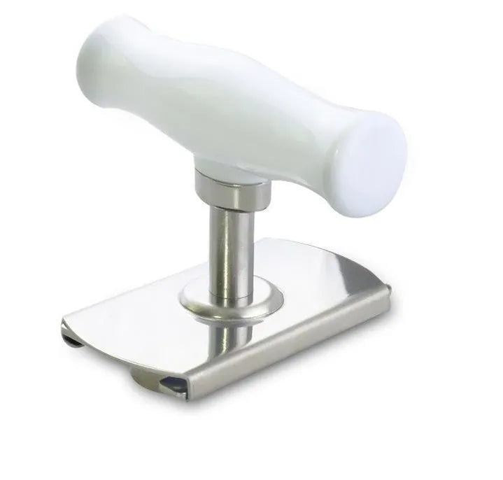 White adjustable stainless steel bottle opener with gear design and PP handle on a wooden surface.