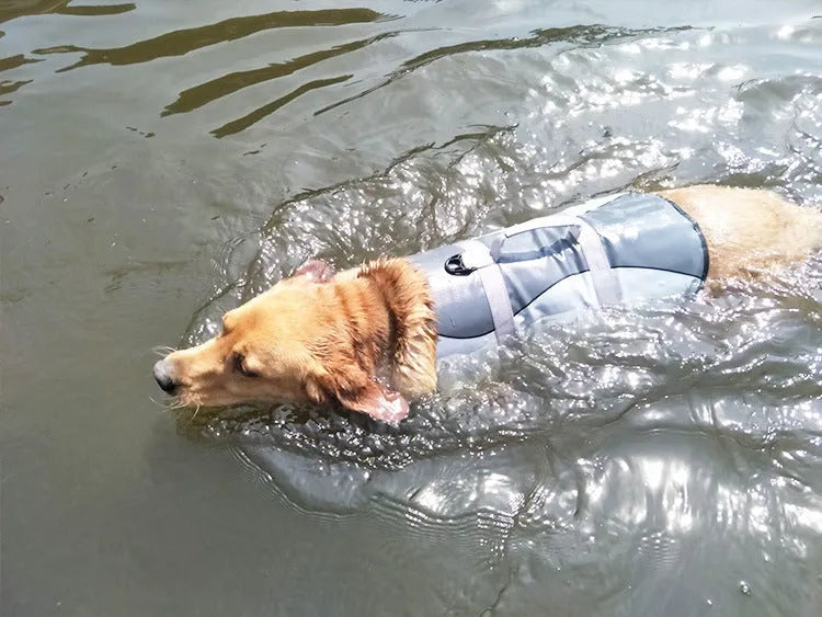 Pet life jacket vest for dogs in polyester, available in Rose Red and Silver Grey sizes XS to L
