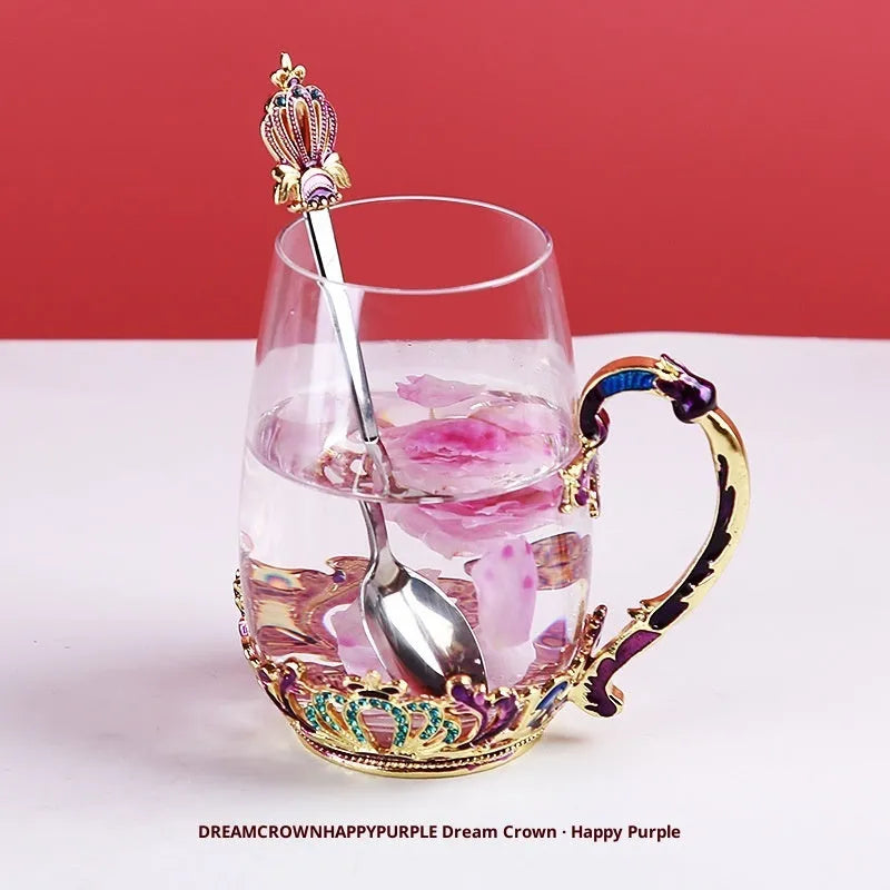 Household enamel cup crown flower tea cup set with heat-resistant glass cup, spoon, lid, and plate, round shape, 301-400ml