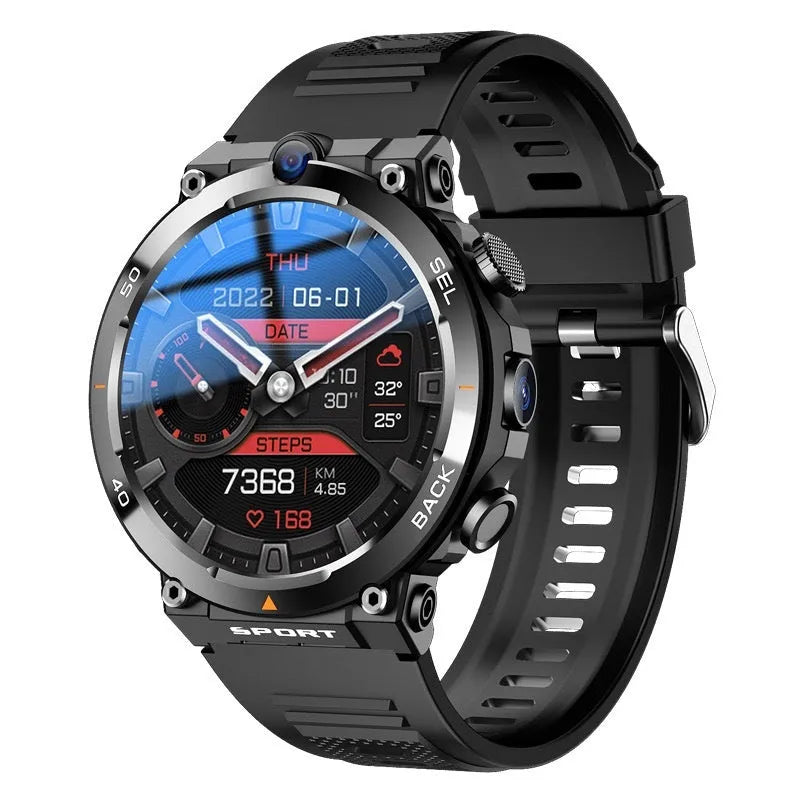 Sports smartwatch with dual cameras, touch screen, and heart rate monitoring features
