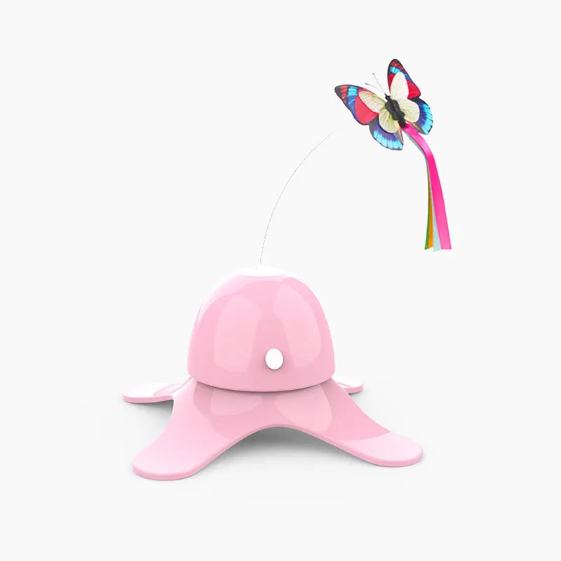 Automatic cat toy with rotating butterfly on stable octopus base, blue colour, glowing in dark
