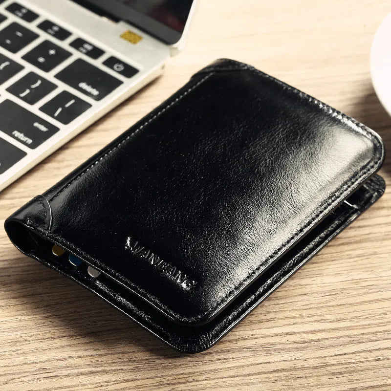 Men's black leather wallet open, showing internal card slots, photo slot, change pocket and hidden compartment.