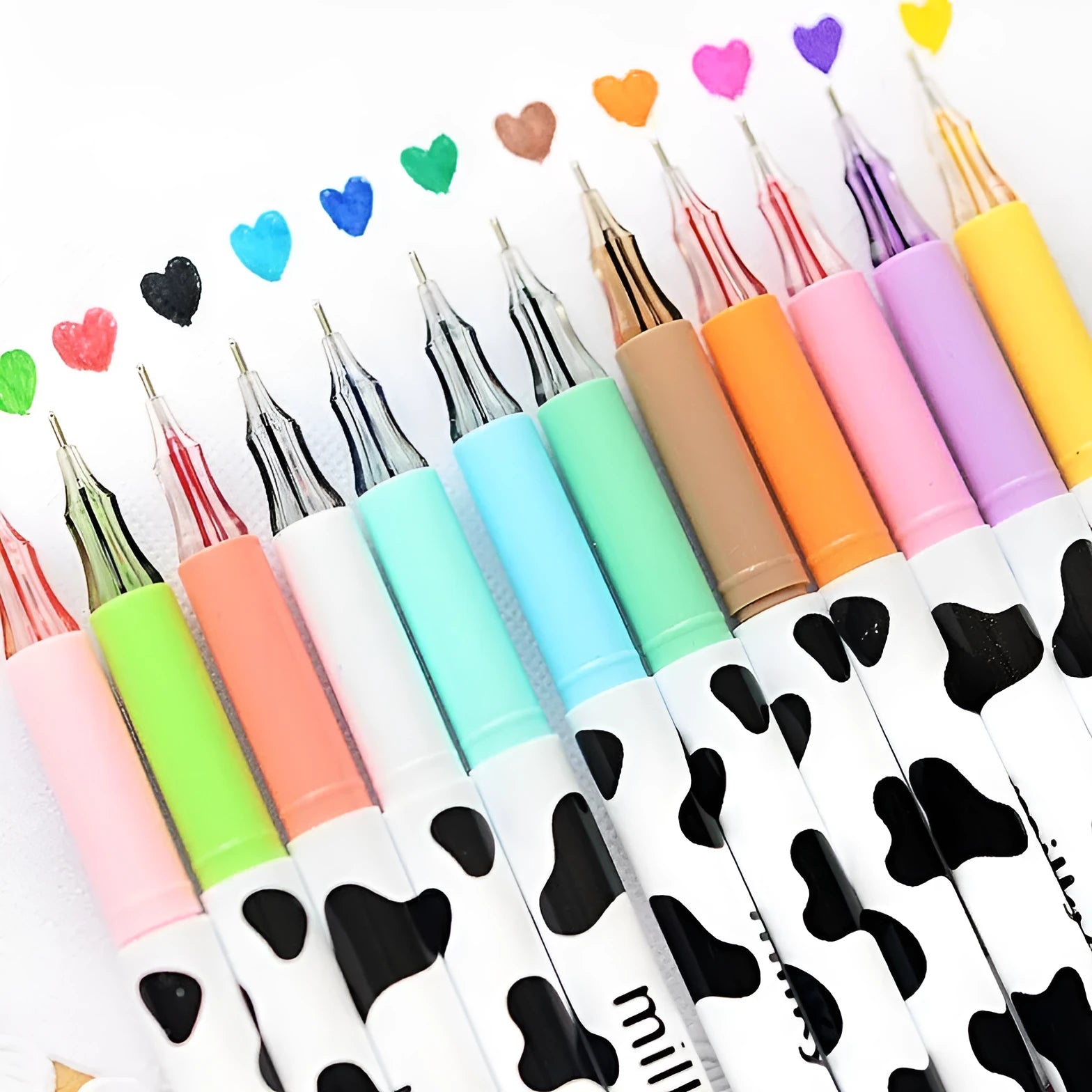 Cow colour gel pen with 0.38mm fine tip and 12 coloured refills in a plastic shell.