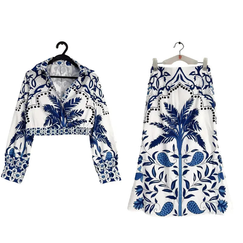 Women's early spring casual fashion set with long sleeve top and matching long skirt in picture colour