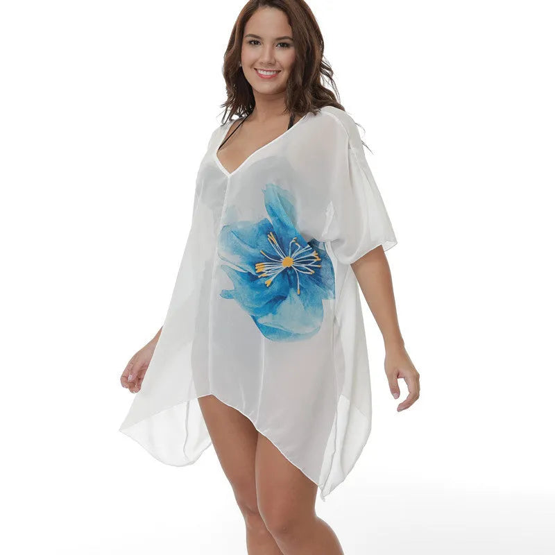 White plus size loose beach cover-up blouse for swimming sun protection.
