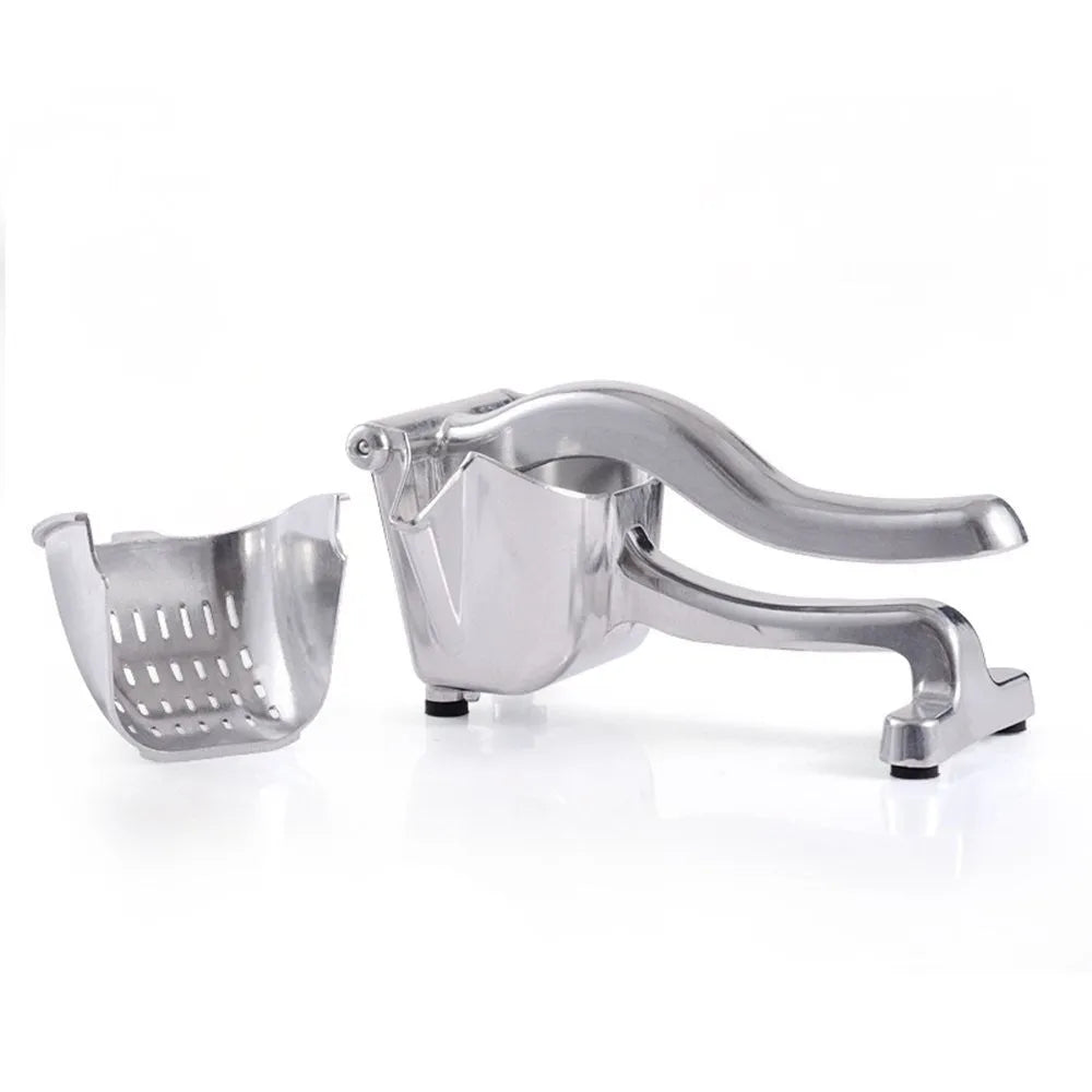 Silver heavy-duty aluminium and steel lemon squeezer press with large bowl.