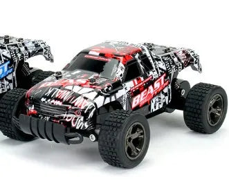 Blue 1:18 scale remote control drift car with 2.4GHz transmitter on black surface