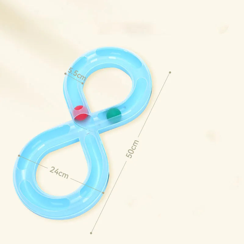 Blue and white cat activity centre with spinning track, ball, and teaser stick
