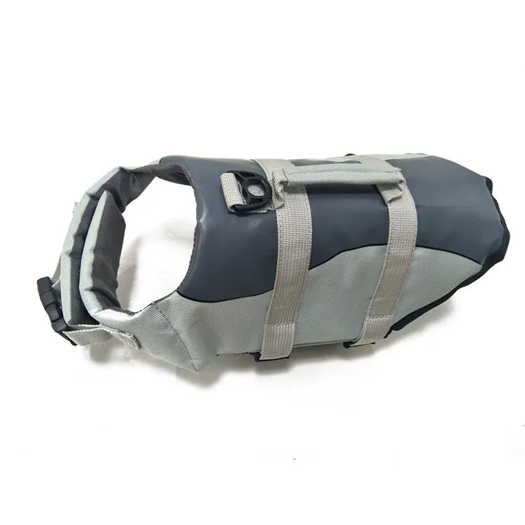 Pet life jacket vest for dogs in polyester, available in Rose Red and Silver Grey sizes XS to L