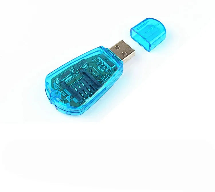 Blue external USB 2.0 mobile phone SIM card reader on a white background.