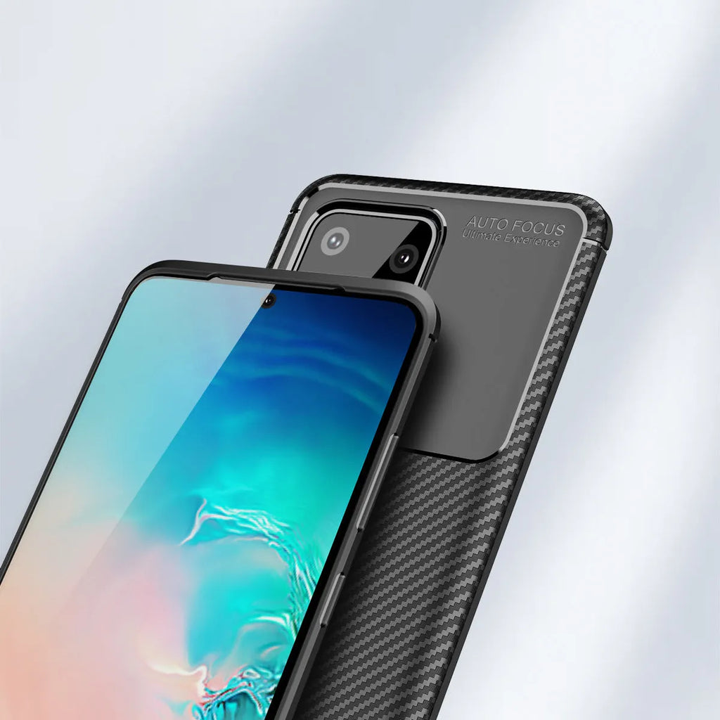 Solid colour TPU back case for Samsung Galaxy phone in black, blue, or brown.